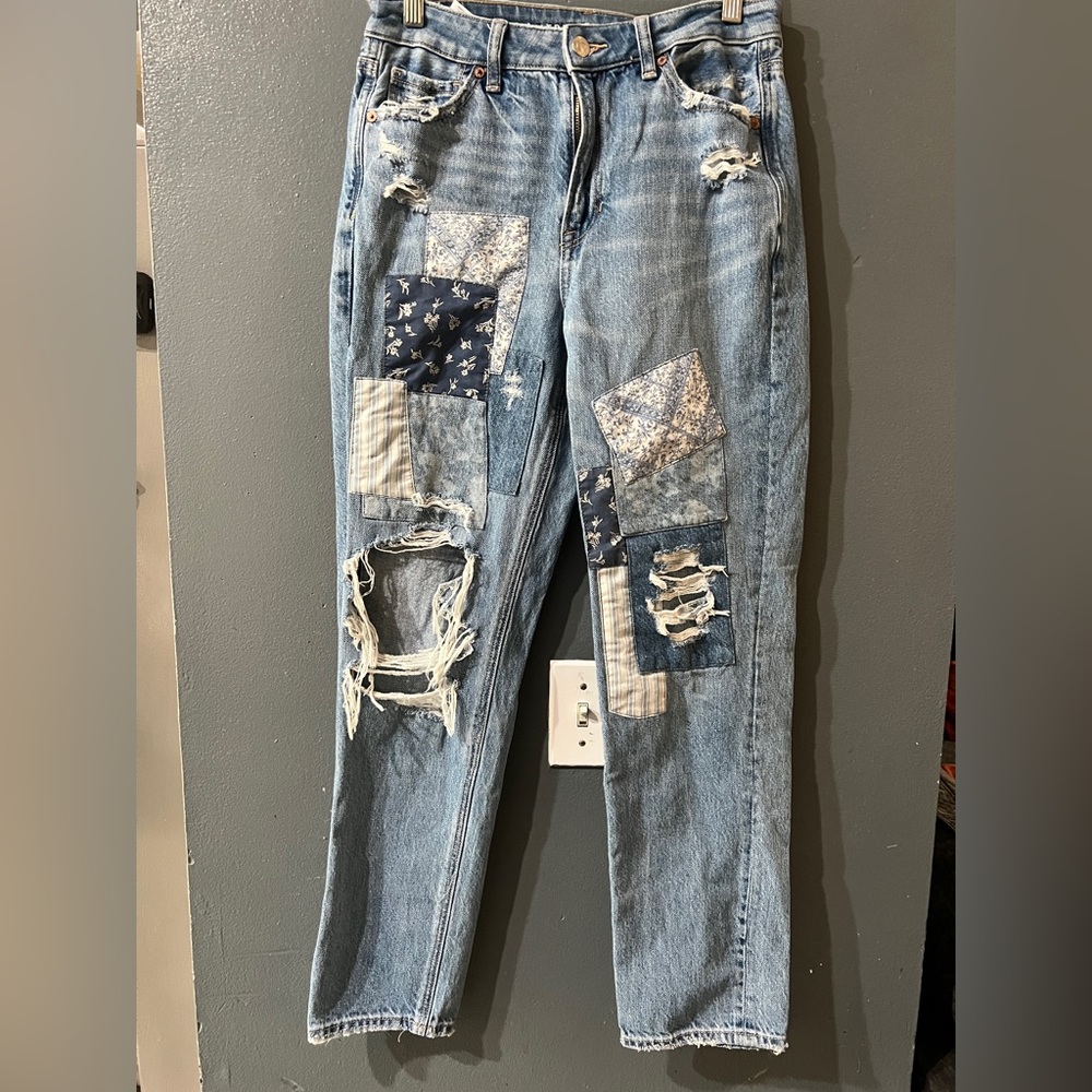 American Eagle Patchwork Distressed Blue Jeans - image 2